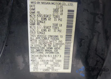 2006 Nissan Pathfinder Le из США, поврежденный, VIN 5N1AR18U76C613873